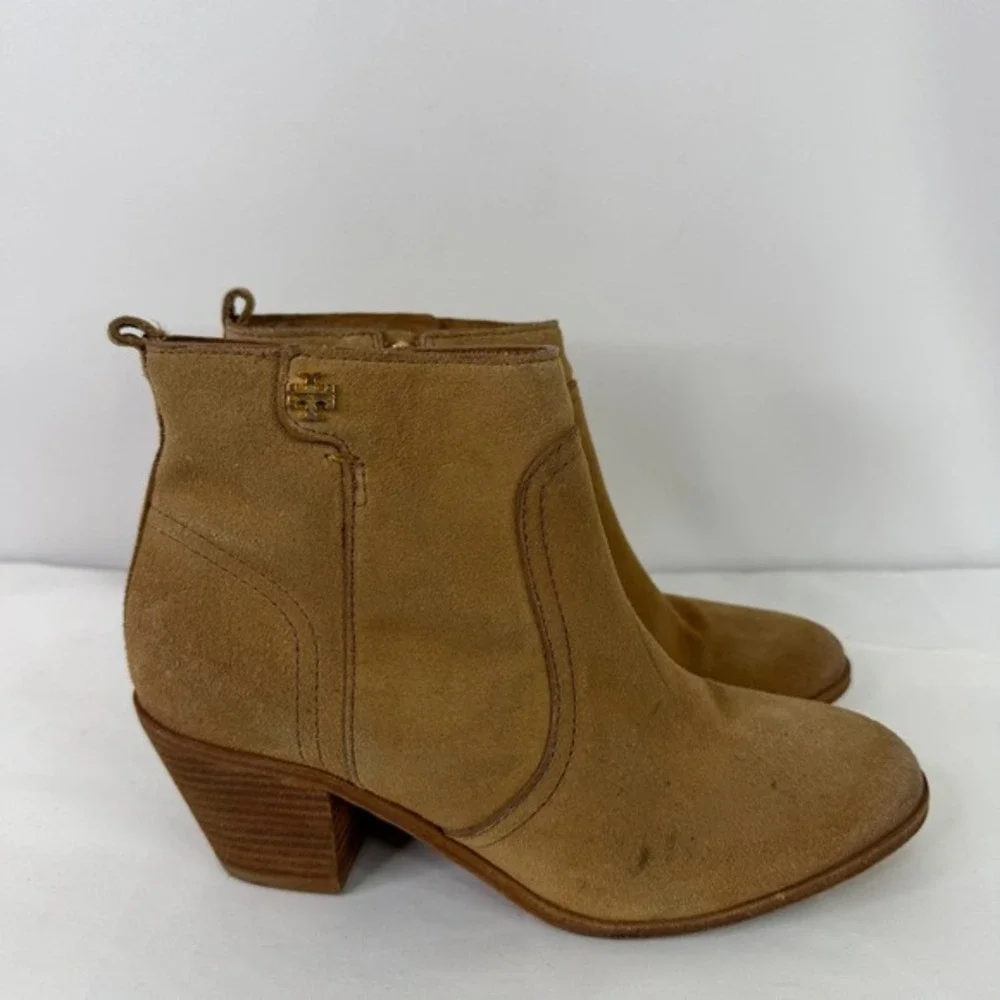 Tory Burch Sabe Tan Suede Ankle Boots Leather Sole Block Heel Brazil 7.5M‎